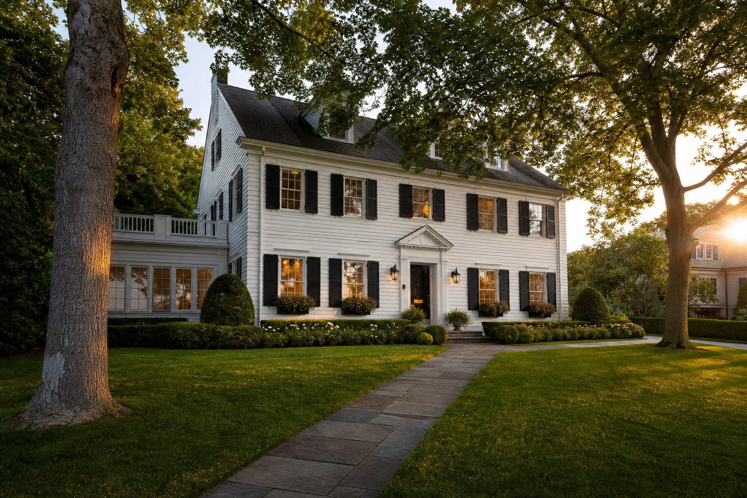 A stately colonial home on a tree lined North Shore street