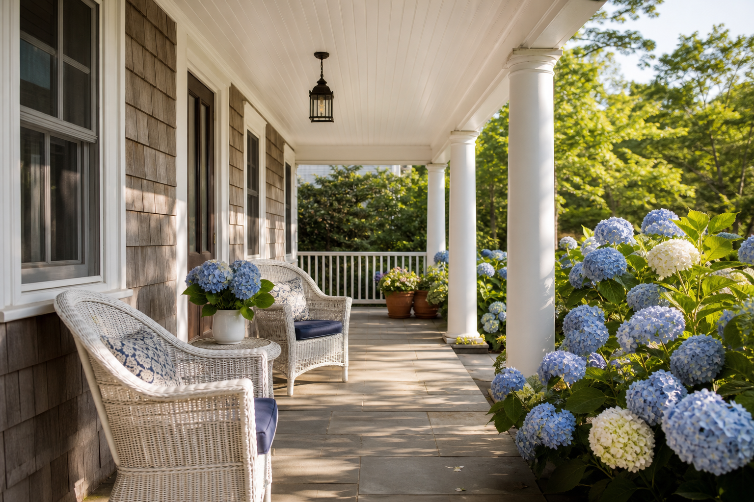 A covered front porch of a shingled Long Island home